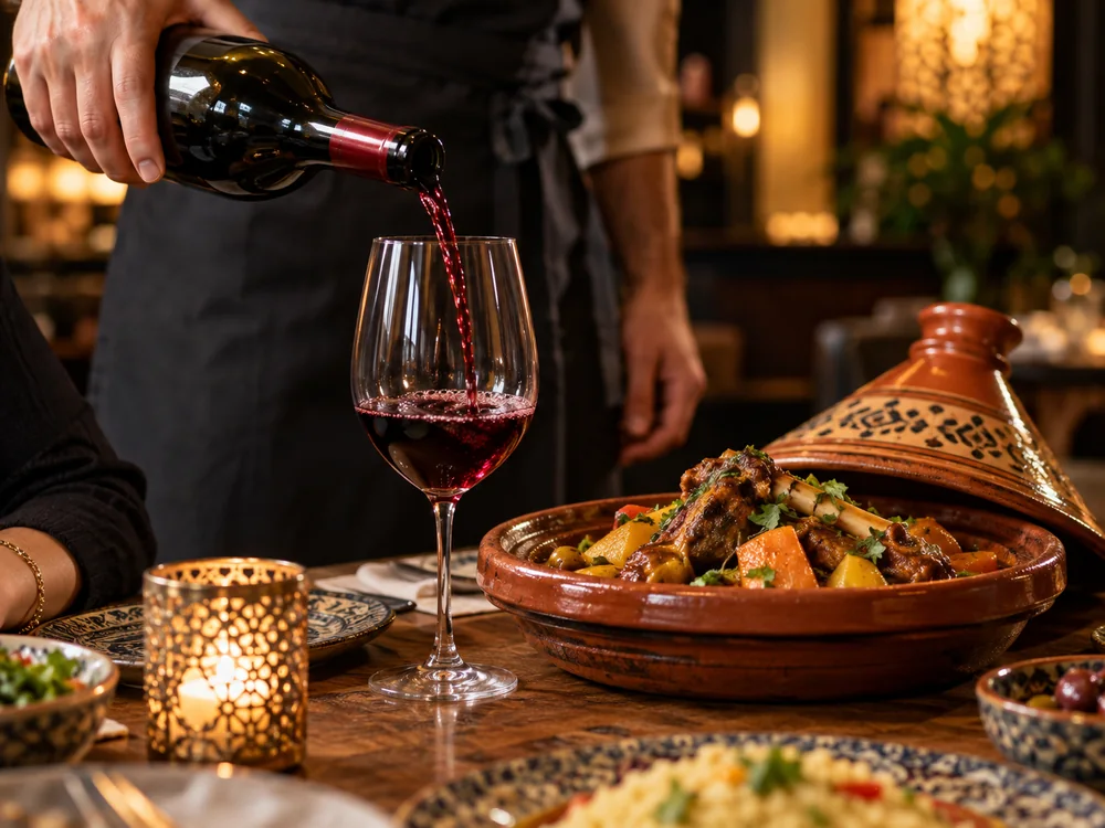 Service de vin rouge dans un verre à table, à côté d’un tajine.