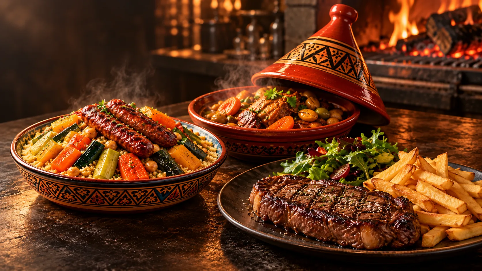 Grillade avec frites et salade, couscous aux merguez et tajine devant un feu de bois