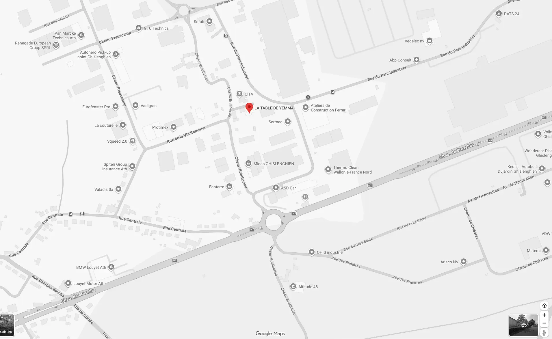 Plan d’accès à La Table de Yemma, Rue du Parc Industriel 30a à Ghislenghien, avec BMW Louyet comme point de repère.