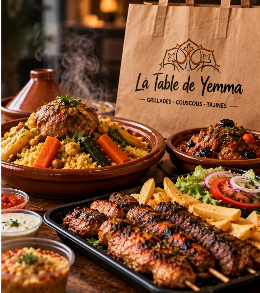Couscous aux légumes, tajine, brochettes grillées et frites prêts à emporter, devant un sac en kraft La Table de Yemma.