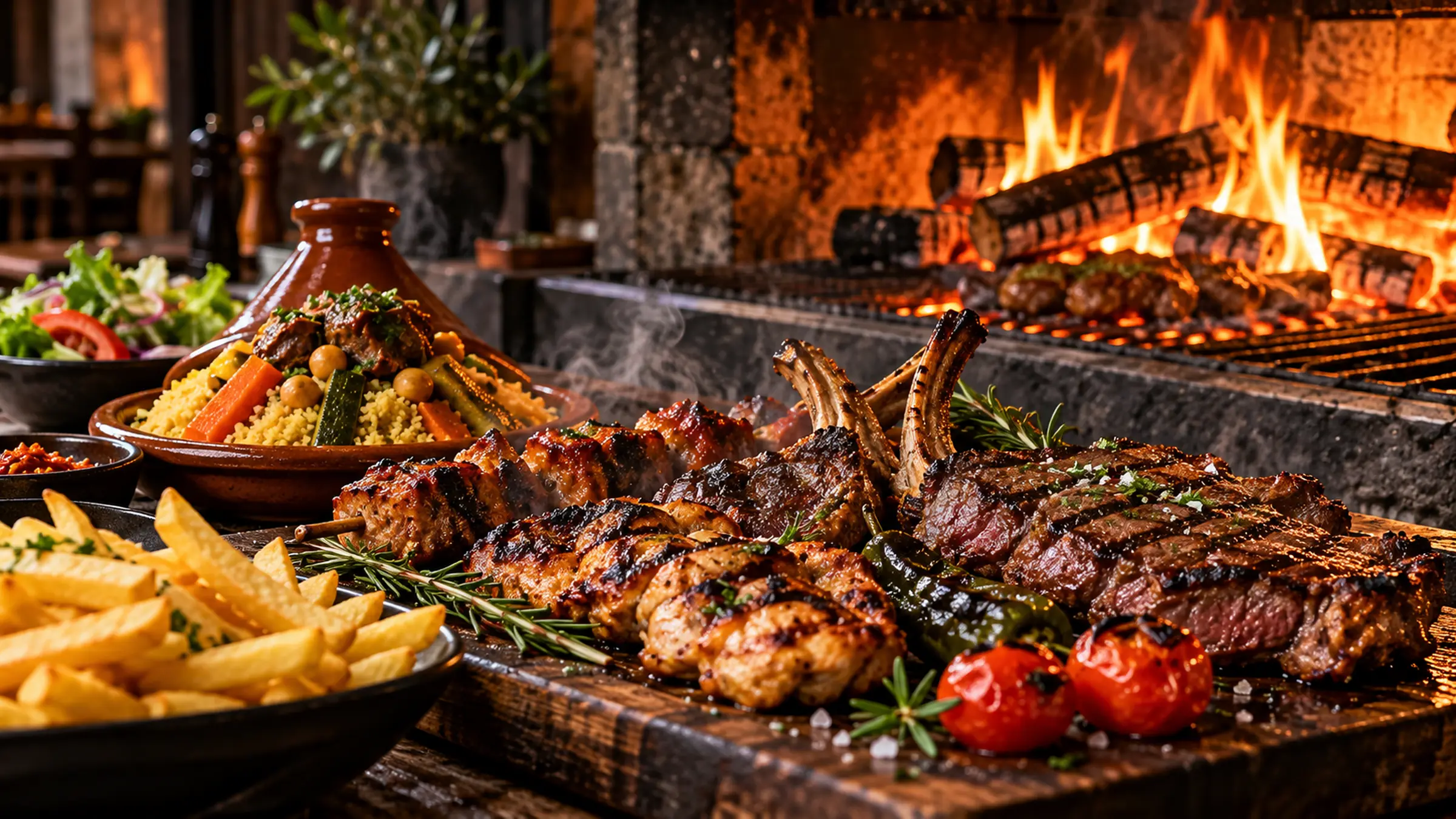 Grillades au feu de bois : brochettes de poulet, côtes d’agneau et pièce de bœuf, avec couscous, tajine et frites devant un foyer en flammes.