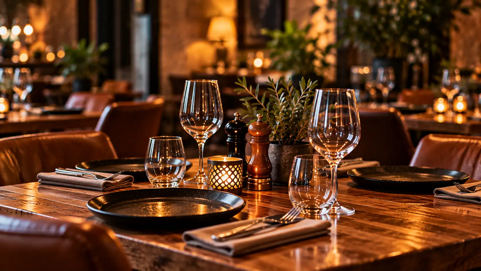 Table dressée pour un dîner, avec assiettes noires, verres à vin et photophore, dans une salle chaleureuse aux fauteuils en cuir.